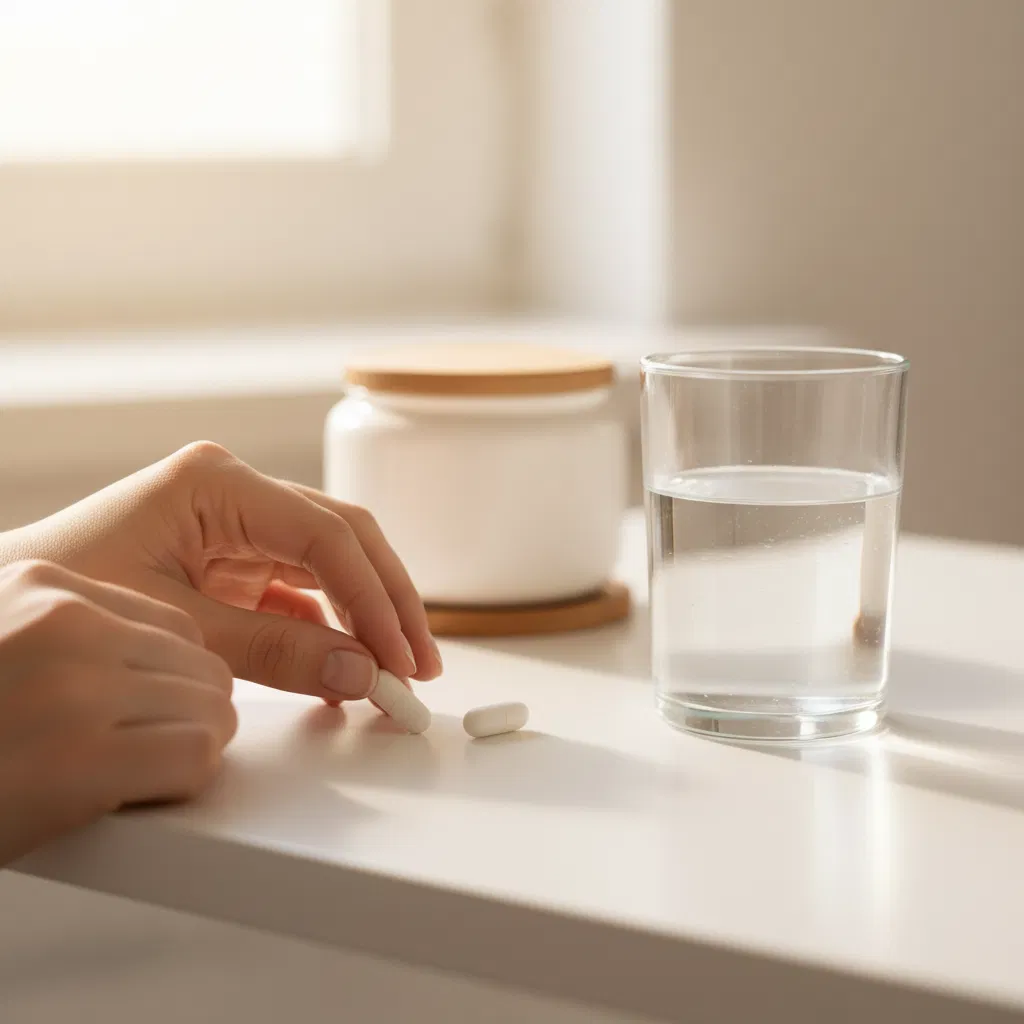 Handen plaatsen twee supplementcapsules naast een glas water op een keukentafel in het ochtendlicht