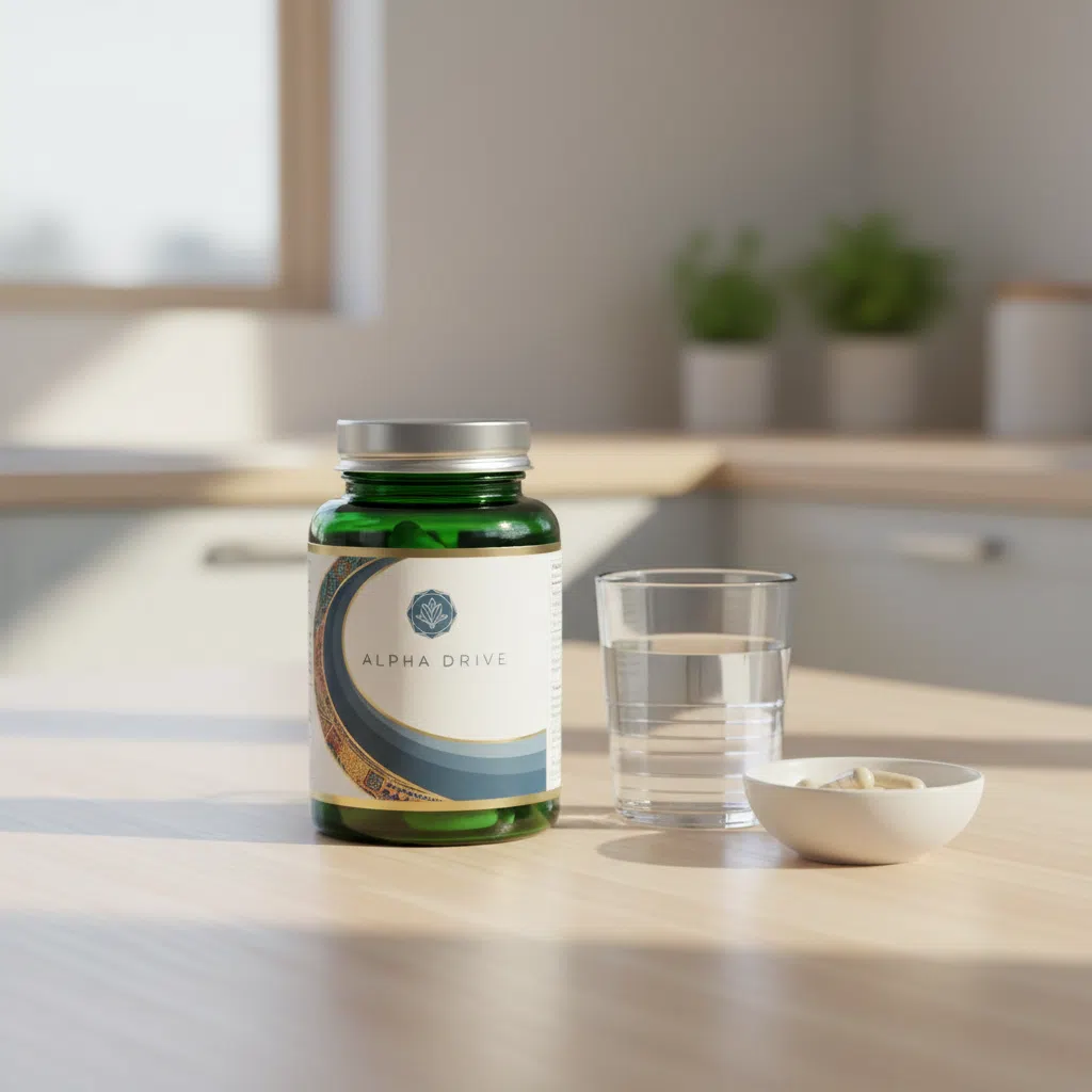 Alpha Drive supplementpot op een houten oppervlak naast pompoenzaden en groene kruiden