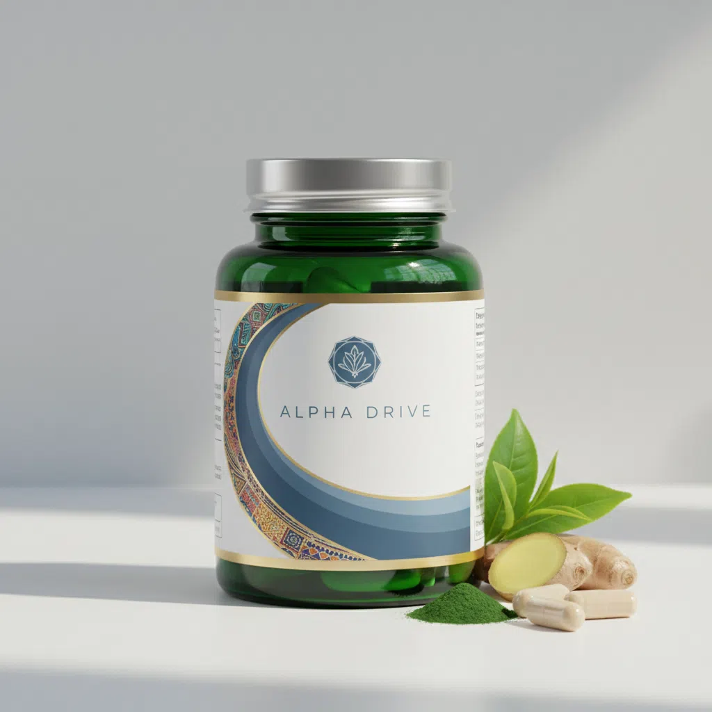 Alpha Drive voedingssupplement pot, witte ronde verpakking met lichtblauwe etikettenstijl